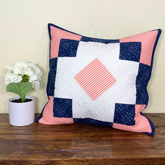 Navy & Coral Antique Tile Remix Pillow + A Diagonal Grid Quilting Tutorial
