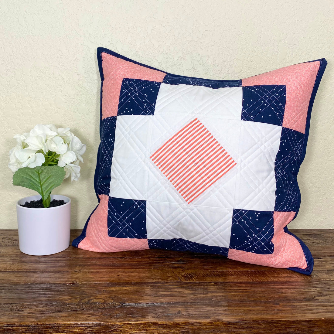 Navy & Coral Antique Tile Remix Pillow + A Diagonal Grid Quilting Tutorial